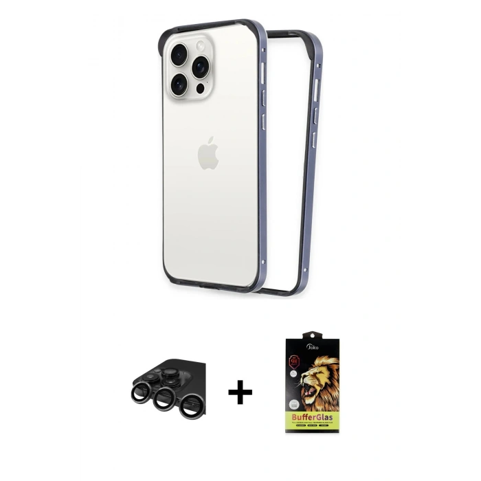 MARSİLYAN™- iPhone 15 Pro Max Kılıf Pusula Asil Koleksiyonu - Siyah Buffer Cam Ekran Koruyucu + Titanyum Gri Raze Metal Kamera Lens