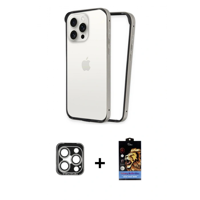 MARSİLYAN™- iPhone 15 Pro Max Kılıf Pusula Asil Koleksiyonu - Siyah Buffer Hayalet Cam Ekran Koruyucu + PVD Metal Kamera Lens - GS