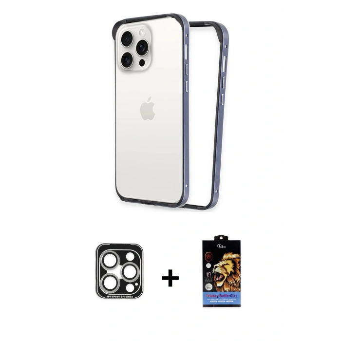 MARSİLYAN™- iPhone 15 Pro Max Kılıf Pusula Asil Koleksiyonu - Siyah Buffer Hayalet Cam Ekran Koruyucu + PVD Metal Kamera Lens - GS
