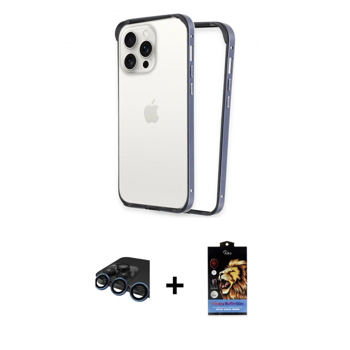 MARSİLYAN™- iPhone 15 Pro Max Kılıf Pusula Asil Koleksiyonu - Siyah Buffer Hayalet Cam Ekran Koruyucu + Raze Metal Kamera Lens - LT