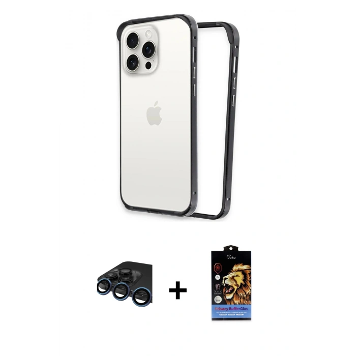 MARSİLYAN™- iPhone 15 Pro Max Kılıf Pusula Asil Koleksiyonu - Siyah Buffer Hayalet Cam Ekran Koruyucu + Raze Metal Kamera Lens - LT