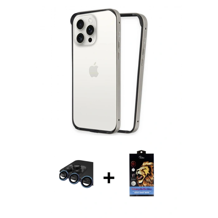 MARSİLYAN™- iPhone 15 Pro Max Kılıf Pusula Asil Koleksiyonu - Siyah Buffer Hayalet Cam Ekran Koruyucu + Raze Metal Kamera Lens - LT