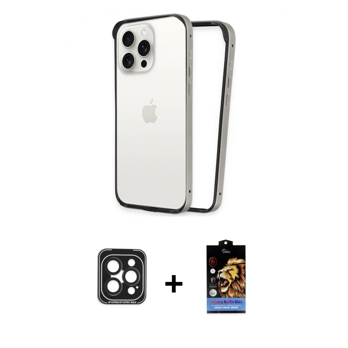 MARSİLYAN™- iPhone 15 Pro Max Kılıf Pusula Asil Koleksiyonu - Siyah Buffer Hayalet Cam Ekran Koruyucu + PVD Metal Kamera Lens - SH