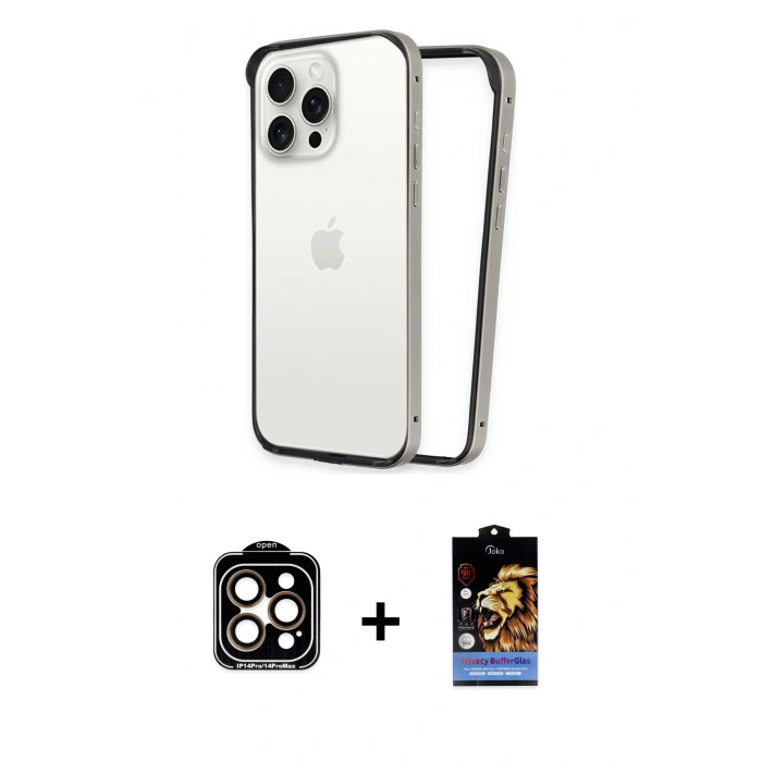 MARSİLYAN™- iPhone 15 Pro Max Kılıf Pusula Asil Koleksiyonu - Siyah Buffer Hayalet Cam Ekran Koruyucu + PVD Metal Kamera Lens - TU