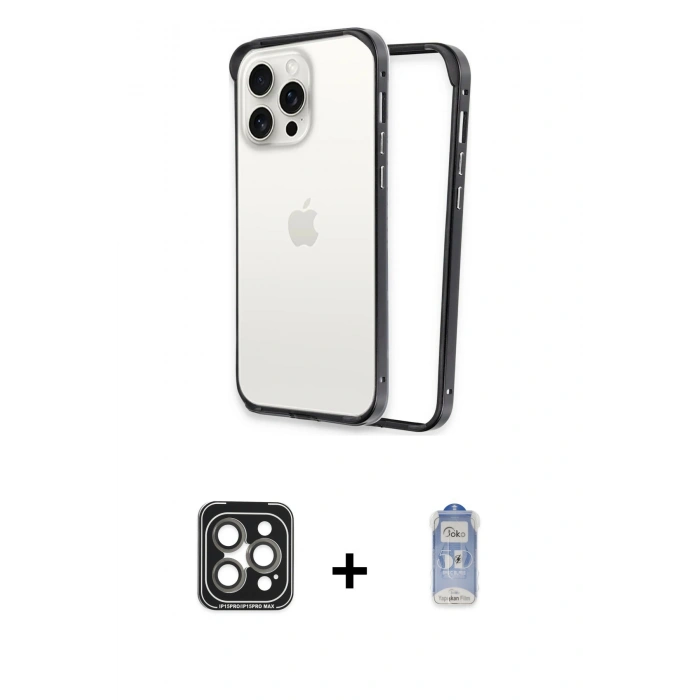 MARSİLYAN™- iPhone 15 Pro Max Kılıf Pusula Asil Koleksiyonu - Siyah Joko Magic 5D Cam + PVD Metal Kamera Lens - GI