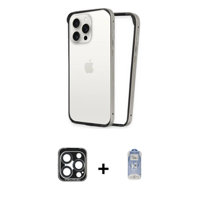 MARSİLYAN™- iPhone 15 Pro Max Kılıf Pusula Asil Koleksiyonu - Siyah Joko Magic 5D Cam + PVD Metal Kamera Lens - LT
