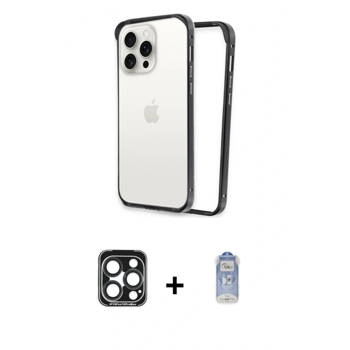 MARSİLYAN™- iPhone 15 Pro Max Kılıf Pusula Asil Koleksiyonu - Siyah Joko Magic 5D Cam + PVD Metal Kamera Lens - LT