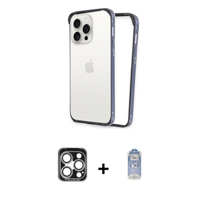 MARSİLYAN™- iPhone 15 Pro Max Kılıf Pusula Asil Koleksiyonu - Siyah Joko Magic 5D Cam + PVD Metal Kamera Lens - GS