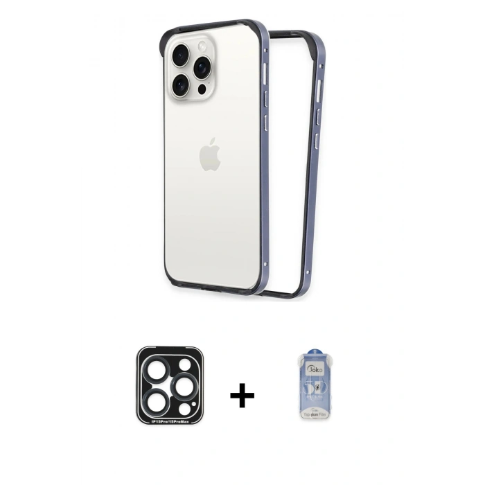 MARSİLYAN™- iPhone 15 Pro Max Kılıf Pusula Asil Koleksiyonu - Siyah Joko Magic 5D Cam + PVD Metal Kamera Lens - LT