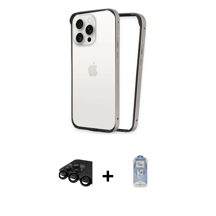 MARSİLYAN™- iPhone 15 Pro Max Kılıf Pusula Asil Koleksiyonu - Siyah Joko Magic 5D Cam + Raze Metal Kamera Lens - SH