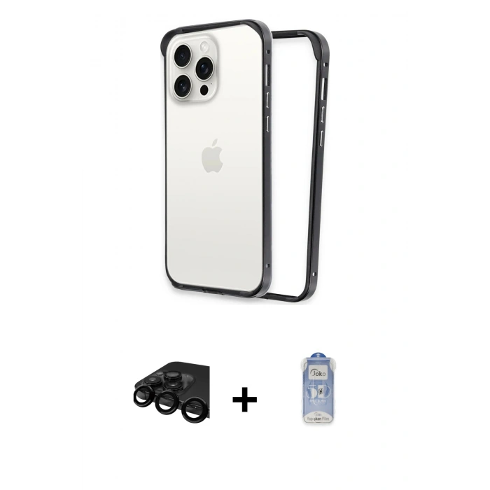MARSİLYAN™- iPhone 15 Pro Max Kılıf Pusula Asil Koleksiyonu - Siyah Joko Magic 5D Cam + Raze Metal Kamera Lens - SH
