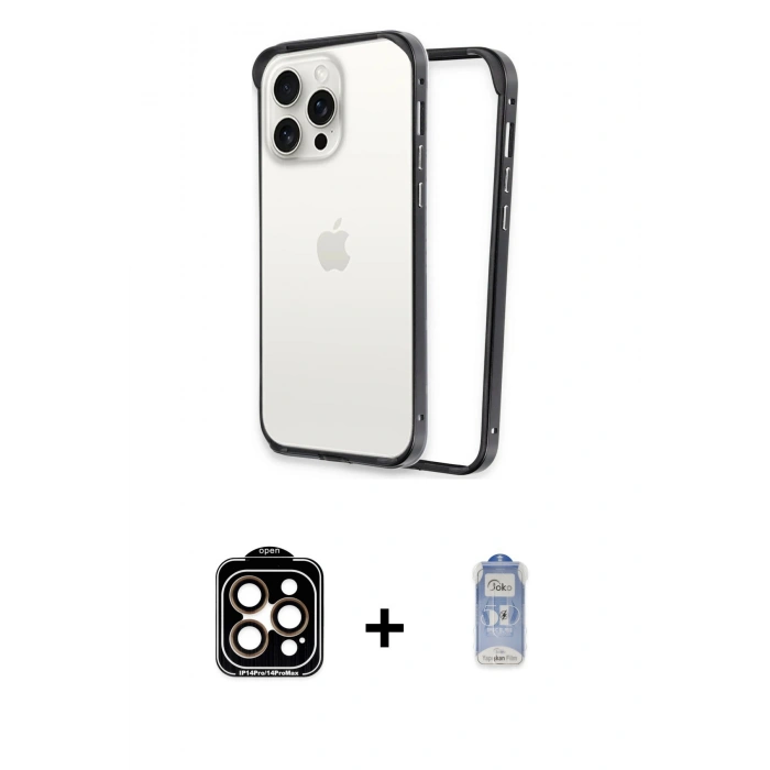 MARSİLYAN™- iPhone 15 Pro Max Kılıf Pusula Asil Koleksiyonu - Siyah Joko Magic 5D Cam + Turuncu PVD Metal Kamera Lens