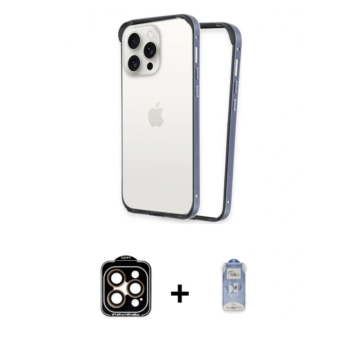 MARSİLYAN™- iPhone 15 Pro Max Kılıf Pusula Asil Koleksiyonu - Siyah Joko Magic 5D Cam + Turuncu PVD Metal Kamera Lens