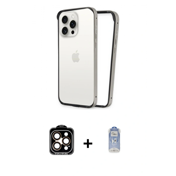 MARSİLYAN™- iPhone 15 Pro Max Kılıf Pusula Asil Koleksiyonu - Siyah Joko Magic 5D Cam + Turuncu PVD Metal Kamera Lens
