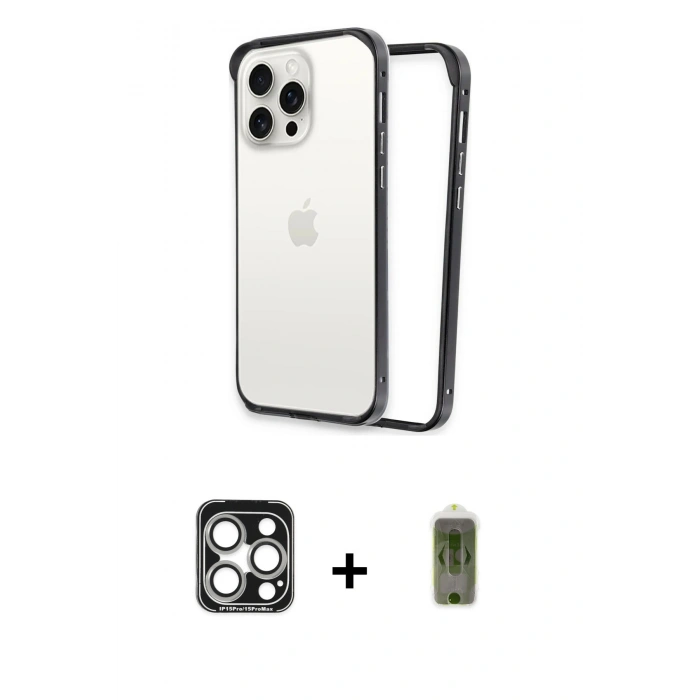 MARSİLYAN™- iPhone 15 Pro Max Kılıf Pusula Asil Koleksiyonu - Siyah Joko Magic 5D Hayalet Cam + PVD Metal Kamera Lens - GS
