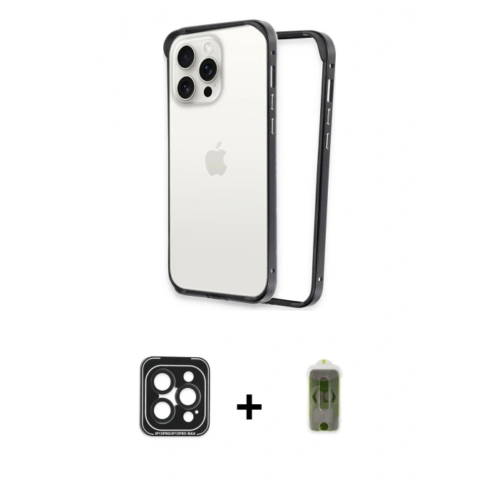 MARSİLYAN™- iPhone 15 Pro Max Kılıf Pusula Asil Koleksiyonu - Siyah Joko Magic 5D Hayalet Cam + PVD Metal Kamera Lens - SH