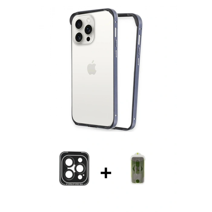 MARSİLYAN™- iPhone 15 Pro Max Kılıf Pusula Asil Koleksiyonu - Siyah Joko Magic 5D Hayalet Cam + PVD Metal Kamera Lens - SH