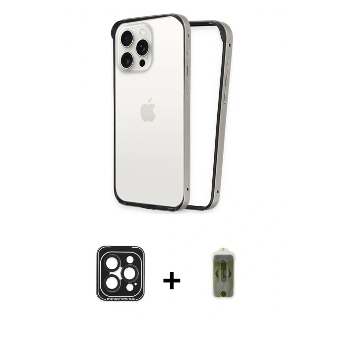 MARSİLYAN™- iPhone 15 Pro Max Kılıf Pusula Asil Koleksiyonu - Siyah Joko Magic 5D Hayalet Cam + PVD Metal Kamera Lens - SH
