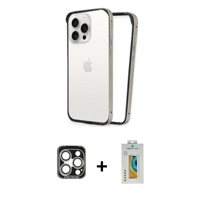 MARSİLYAN™- iPhone 15 Pro Max Kılıf Pusula Asil Koleksiyonu - Siyah Polymer Nano Ekran Koruyucu + Gümüş PVD Metal Kamera Lens