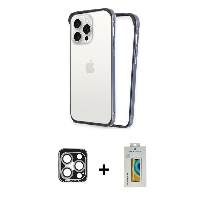 MARSİLYAN™- iPhone 15 Pro Max Kılıf Pusula Asil Koleksiyonu - Siyah Polymer Nano Ekran Koruyucu + Gümüş PVD Metal Kamera Lens