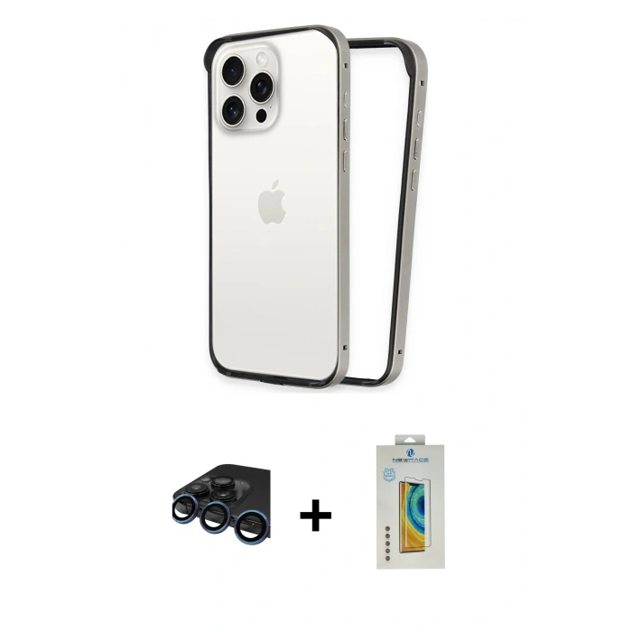 MARSİLYAN™- iPhone 15 Pro Max Kılıf Pusula Asil Koleksiyonu - Siyah Polymer Nano Ekran Koruyucu + Lacivert Raze Metal Kamera Lens