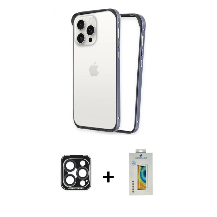 MARSİLYAN™- iPhone 15 Pro Max Kılıf Pusula Asil Koleksiyonu - Siyah Polymer Nano Ekran Koruyucu + Lacivert PVD Metal Kamera Lens