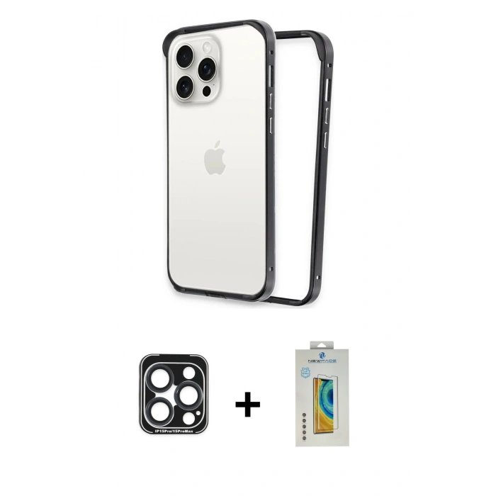 MARSİLYAN™- iPhone 15 Pro Max Kılıf Pusula Asil Koleksiyonu - Siyah Polymer Nano Ekran Koruyucu + Lacivert PVD Metal Kamera Lens