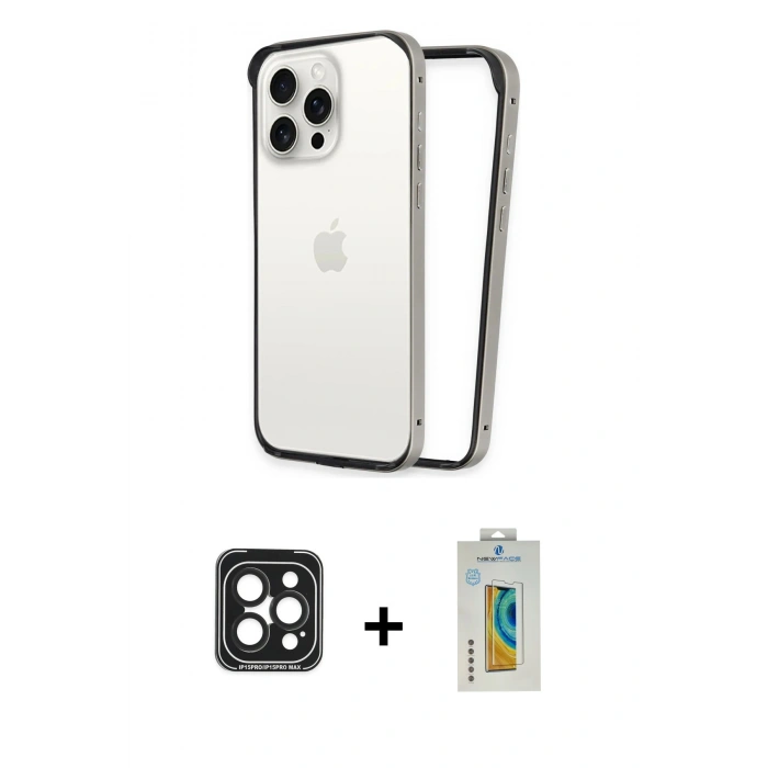 MARSİLYAN™- iPhone 15 Pro Max Kılıf Pusula Asil Koleksiyonu - Siyah Polymer Nano Ekran Koruyucu + PVD Metal Kamera Lens - SH