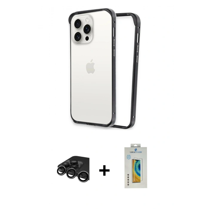 MARSİLYAN™- iPhone 15 Pro Max Kılıf Pusula Asil Koleksiyonu - Siyah Polymer Nano Ekran Koruyucu + Raze Metal Kamera Lens - TMGI