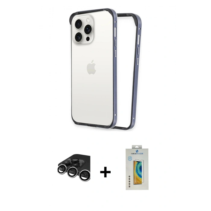 MARSİLYAN™- iPhone 15 Pro Max Kılıf Pusula Asil Koleksiyonu - Siyah Polymer Nano Ekran Koruyucu + Raze Metal Kamera Lens - GS