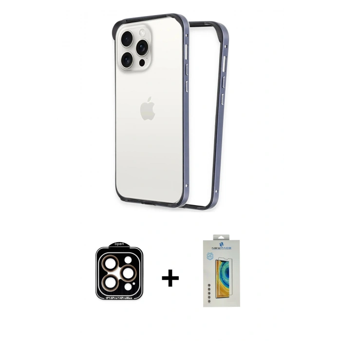 MARSİLYAN™- iPhone 15 Pro Max Kılıf Pusula Asil Koleksiyonu - Siyah Polymer Nano Ekran Koruyucu + Turuncu PVD Metal Kamera Lens