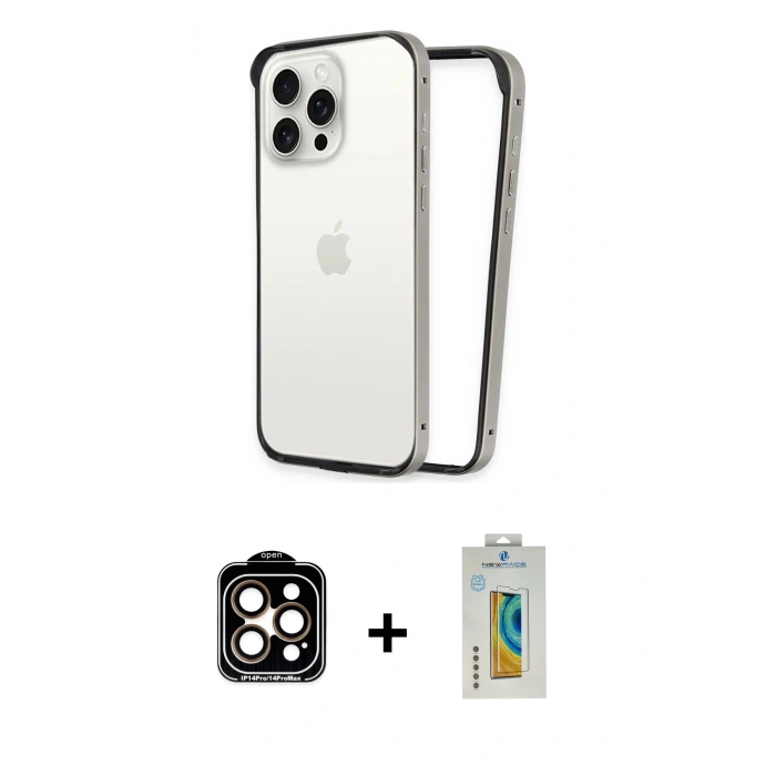MARSİLYAN™- iPhone 15 Pro Max Kılıf Pusula Asil Koleksiyonu - Siyah Polymer Nano Ekran Koruyucu + Turuncu PVD Metal Kamera Lens