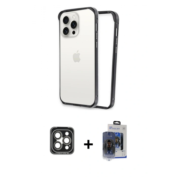 MARSİLYAN™- iPhone 15 Pro Max Kılıf Pusula Asil Koleksiyonu - Siyah Vanessa Magic Cam + Gri PVD Metal Kamera Lens