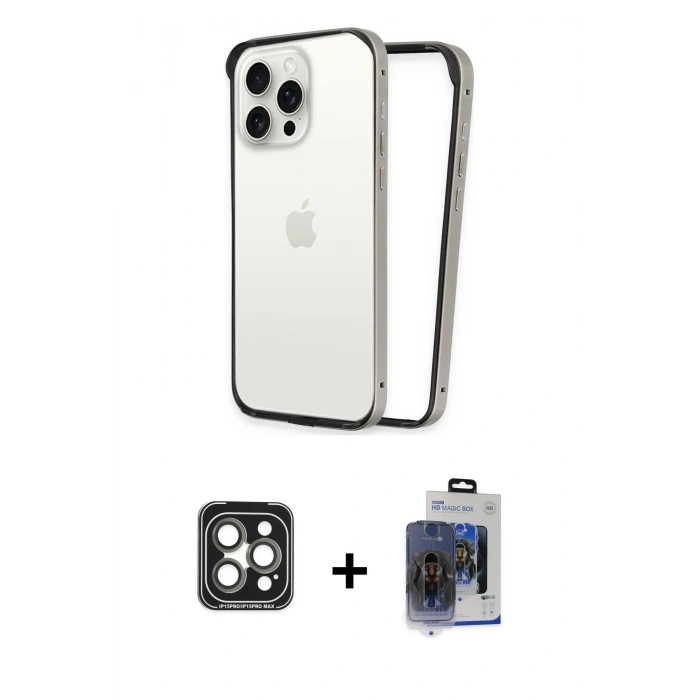 MARSİLYAN™- iPhone 15 Pro Max Kılıf Pusula Asil Koleksiyonu - Siyah Vanessa Magic Cam + Gri PVD Metal Kamera Lens
