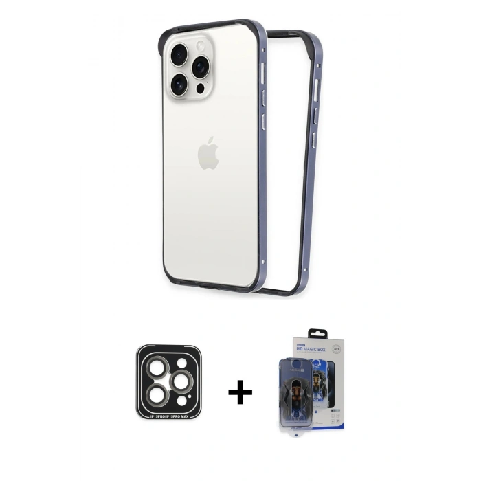 MARSİLYAN™- iPhone 15 Pro Max Kılıf Pusula Asil Koleksiyonu - Siyah Vanessa Magic Cam + Gri PVD Metal Kamera Lens
