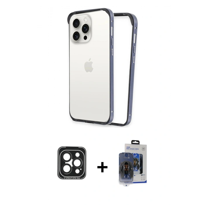 MARSİLYAN™- iPhone 15 Pro Max Kılıf Pusula Asil Koleksiyonu - Siyah Vanessa Magic Cam + PVD Metal Kamera Lens - SH