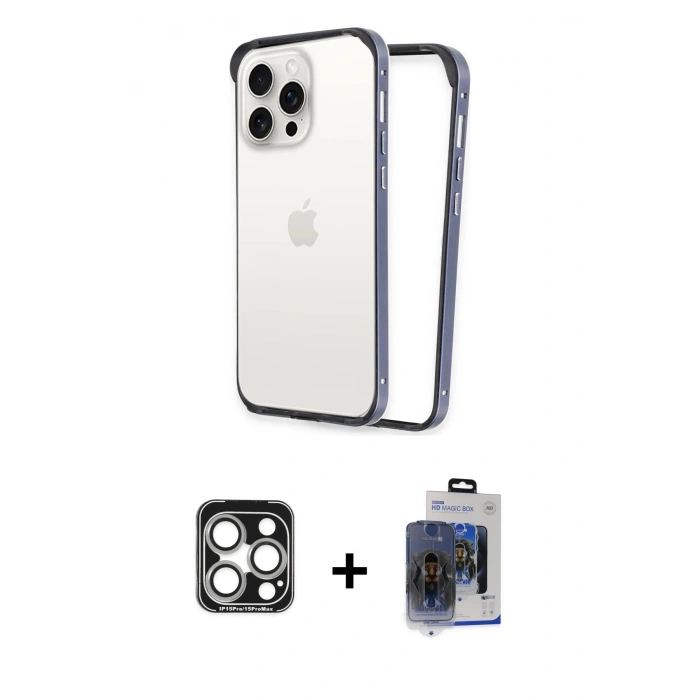 MARSİLYAN™- iPhone 15 Pro Max Kılıf Pusula Asil Koleksiyonu - Siyah Vanessa Magic Cam + PVD Metal Kamera Lens - GS