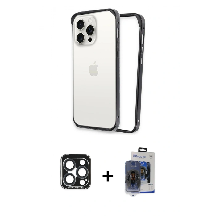 MARSİLYAN™- iPhone 15 Pro Max Kılıf Pusula Asil Koleksiyonu - Siyah Vanessa Magic Cam + PVD Metal Kamera Lens - LT