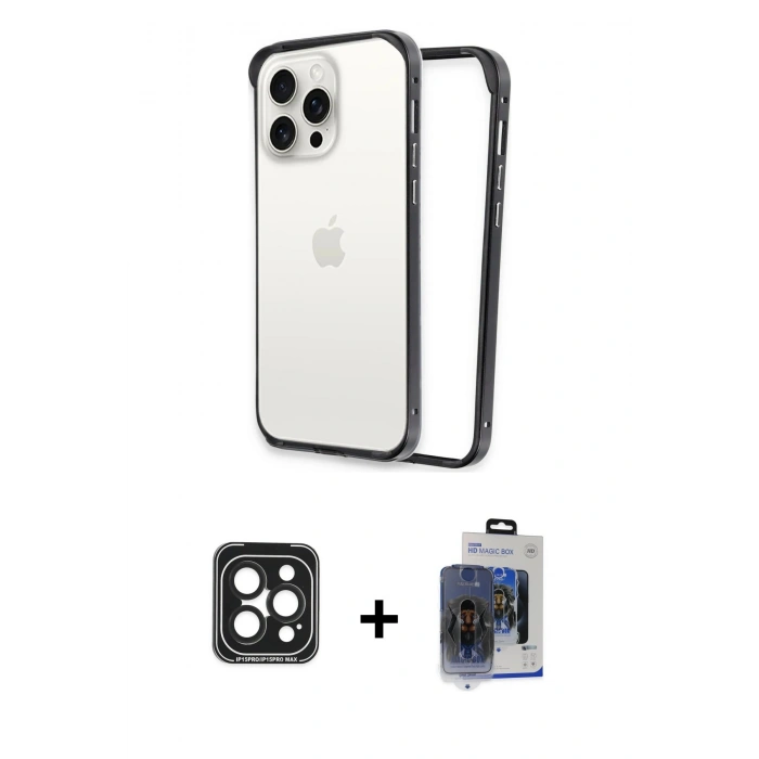 MARSİLYAN™- iPhone 15 Pro Max Kılıf Pusula Asil Koleksiyonu - Siyah Vanessa Magic Cam + PVD Metal Kamera Lens - SH