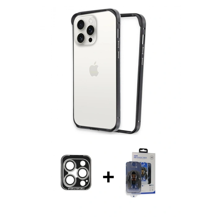 MARSİLYAN™- iPhone 15 Pro Max Kılıf Pusula Asil Koleksiyonu - Siyah Vanessa Magic Cam + PVD Metal Kamera Lens - GS