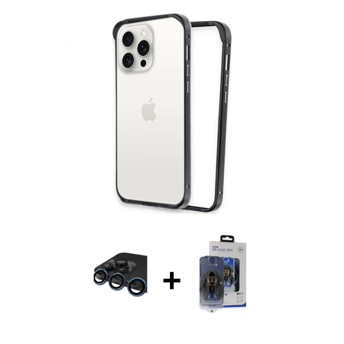 MARSİLYAN™- iPhone 15 Pro Max Kılıf Pusula Asil Koleksiyonu - Siyah Vanessa Magic Cam + Raze Metal Kamera Lens - LT