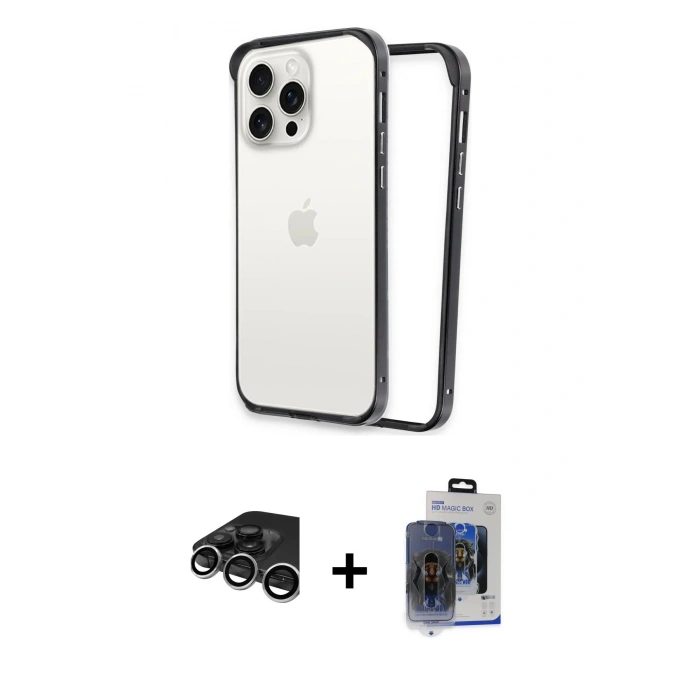 MARSİLYAN™- iPhone 15 Pro Max Kılıf Pusula Asil Koleksiyonu - Siyah Vanessa Magic Cam + Raze Metal Kamera Lens - GS