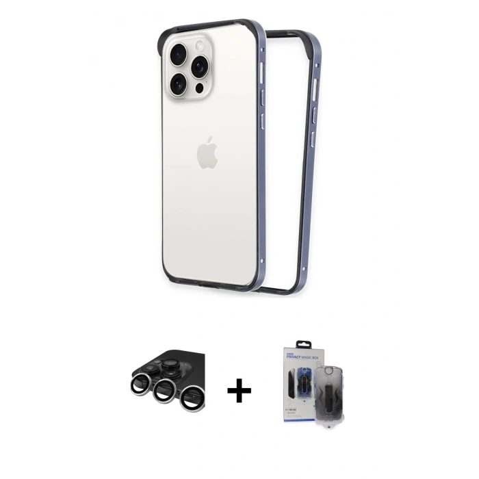 MARSİLYAN™- iPhone 15 Pro Max Kılıf Pusula Asil Koleksiyonu - Siyah Vanessa Magic Hayalet Cam + Raze Metal Kamera Lens - GS