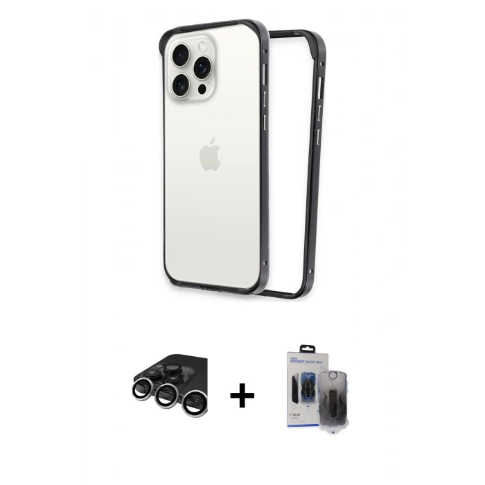 MARSİLYAN™- iPhone 15 Pro Max Kılıf Pusula Asil Koleksiyonu - Siyah Vanessa Magic Hayalet Cam + Raze Metal Kamera Lens - GS