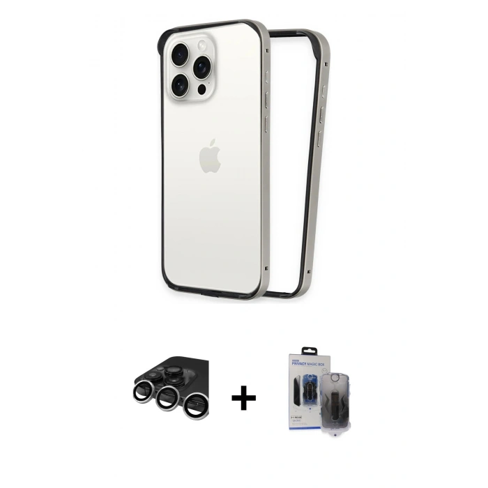 MARSİLYAN™- iPhone 15 Pro Max Kılıf Pusula Asil Koleksiyonu - Siyah Vanessa Magic Hayalet Cam + Raze Metal Kamera Lens - GS