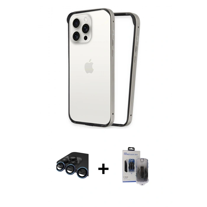 MARSİLYAN™- iPhone 15 Pro Max Kılıf Pusula Asil Koleksiyonu - Siyah Vanessa Magic Hayalet Cam + Raze Metal Kamera Lens - LT