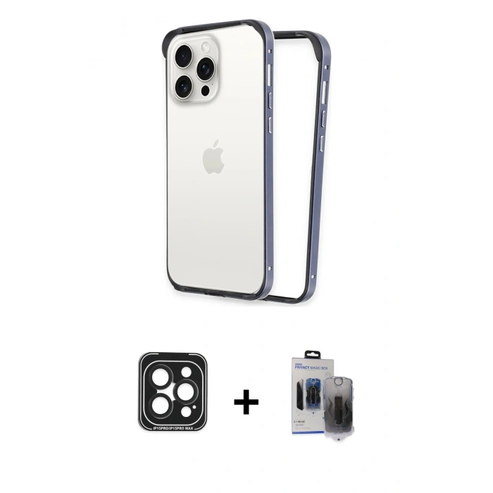 MARSİLYAN™- iPhone 15 Pro Max Kılıf Pusula Asil Koleksiyonu - Siyah Vanessa Magic Hayalet Cam + PVD Metal Kamera Lens - SH