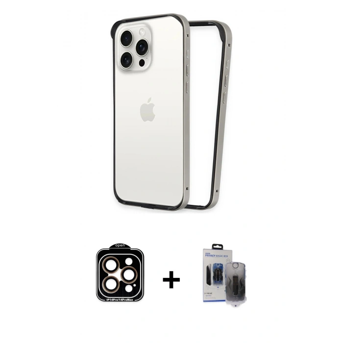 MARSİLYAN™- iPhone 15 Pro Max Kılıf Pusula Asil Koleksiyonu - Siyah Vanessa Magic Hayalet Cam + PVD Metal Kamera Lens - TU