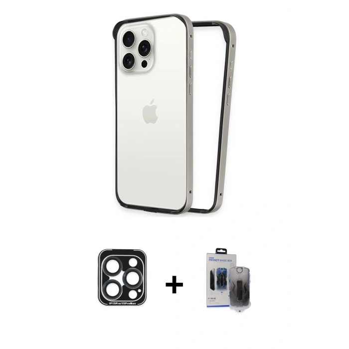 MARSİLYAN™- iPhone 15 Pro Max Kılıf Pusula Asil Koleksiyonu - Siyah Vanessa Magic Hayalet Cam + PVD Metal Kamera Lens - LT