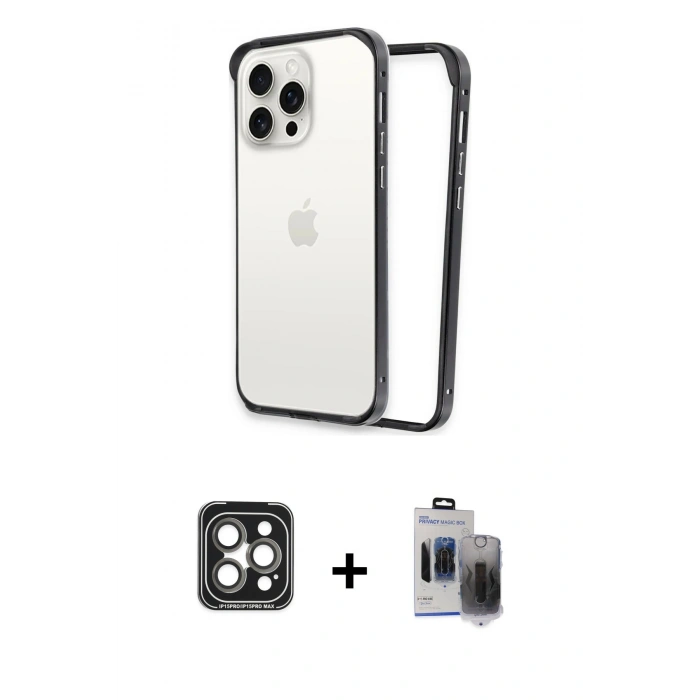 MARSİLYAN™- iPhone 15 Pro Max Kılıf Pusula Asil Koleksiyonu - Siyah Vanessa Magic Hayalet Cam + PVD Metal Kamera Lens - GI
